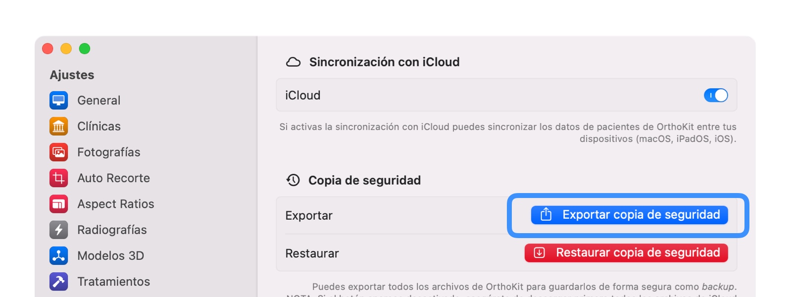Realizar copia de seguridad en OrthoKit