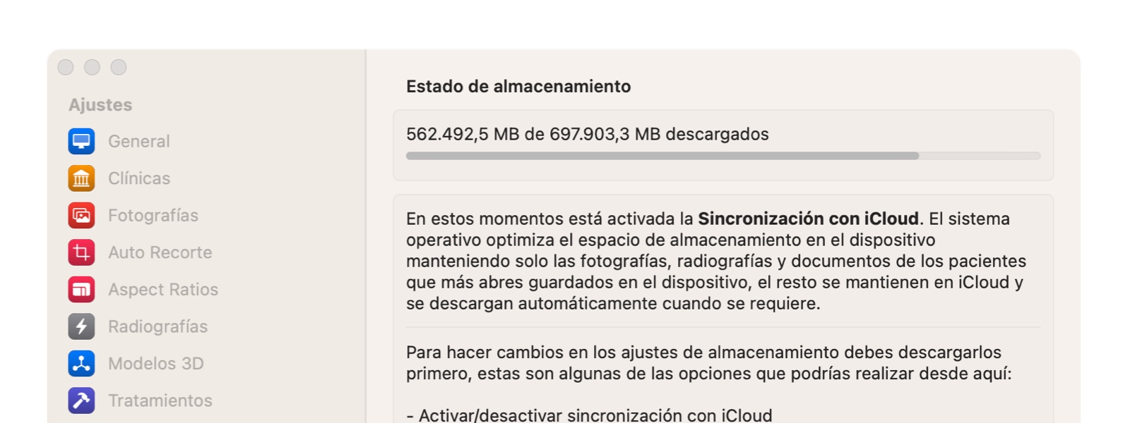 Aviso de que iCloud está activado en OrthoKit y los datos no están en local